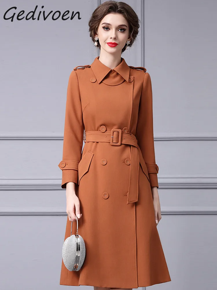 Gedivoen Winter Fashion Designer Beige White Vintage Trench Coat Women Lapel Double Breasted Pocket Sashes Slim Long Trench Coat