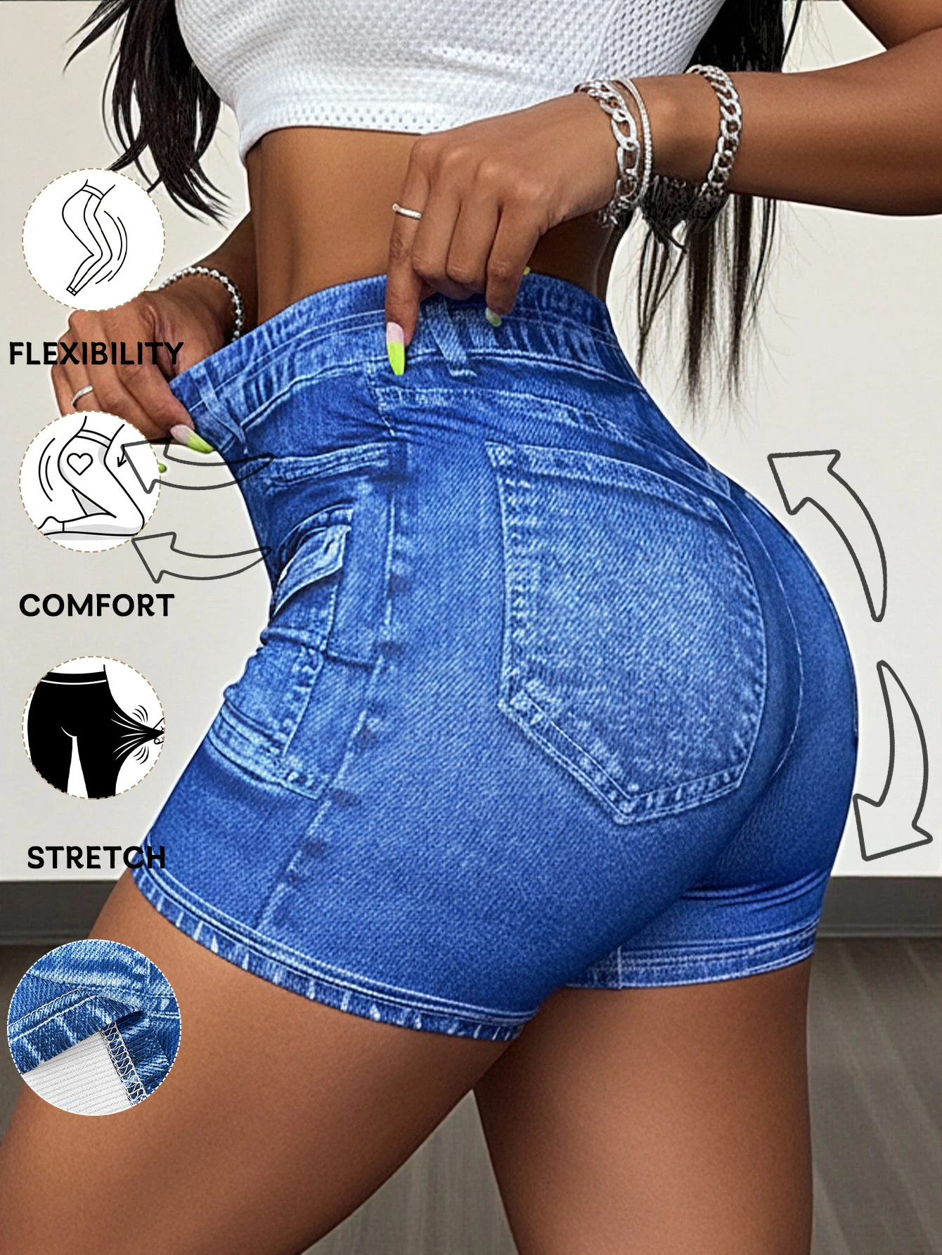 Women's High-Elastic Spring/Summer Shorts with All-Over Faux Denim Print Pattern Sports Pants