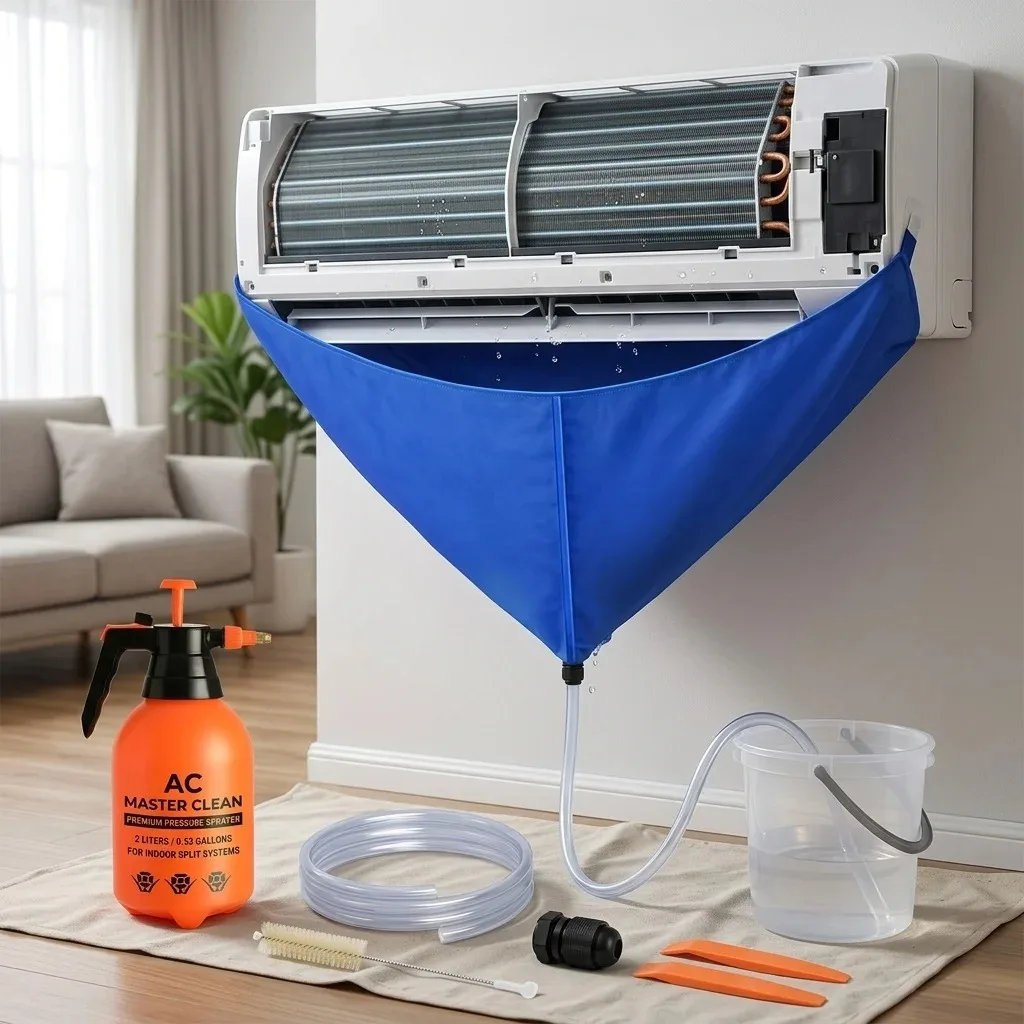 Um conjunto de limpeza de ar condicionado em PVC equipado com ferramentas de limpeza e acessórios para ar condicionado split de 1-1,5P.