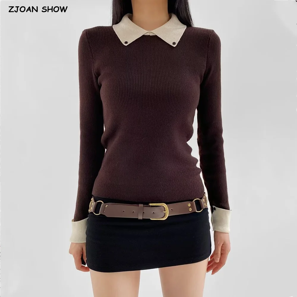

4 colors Women Contrast Color Lapel Collar Rib Knitted Sweater Spring Autumn Long Sleeve Crop Jumper Slim Knitwear Coffee Navy