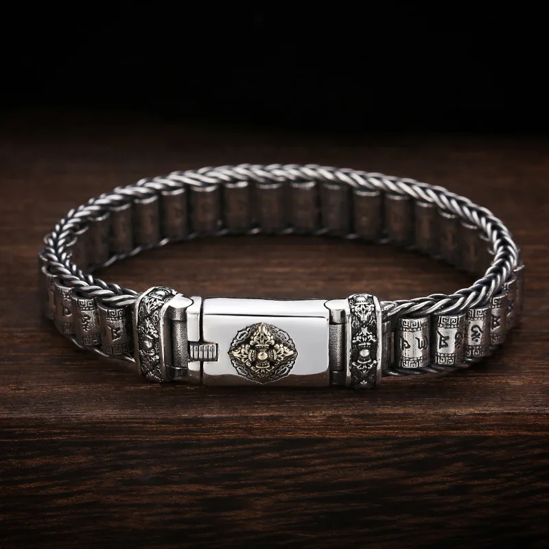 S925 sterling silver men's handmade woven Buddhist six character mantra turning cylinder bracelet with personalized retro silver