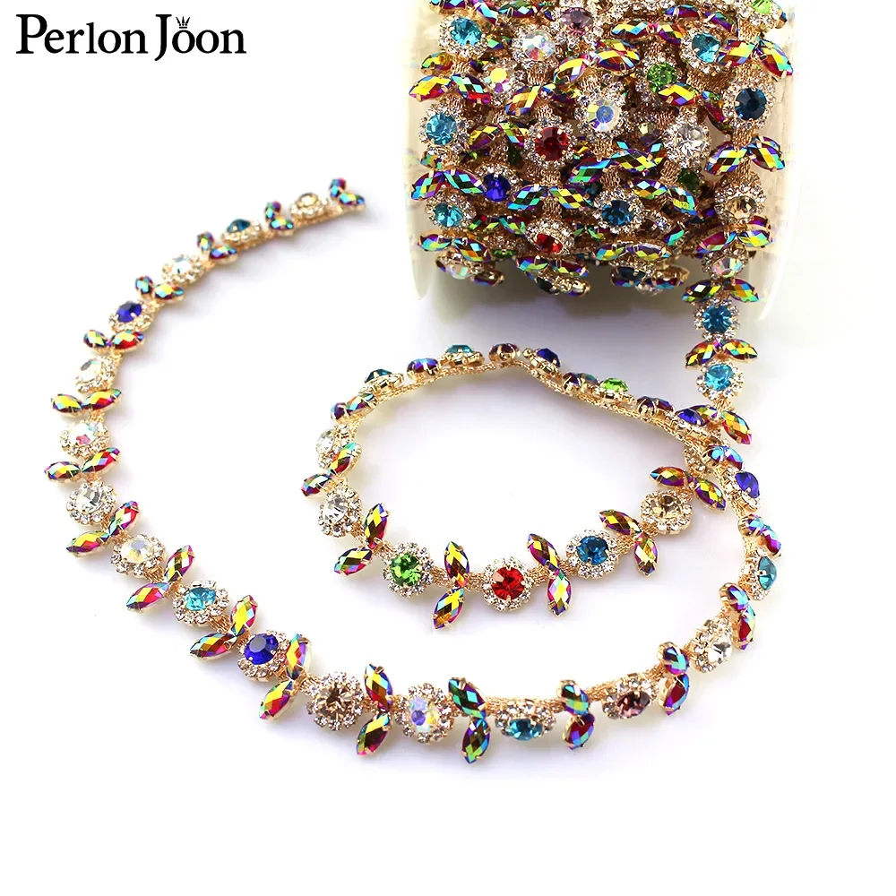 mixed color AB color rhinestone trim flower crystal metal chain women clothing decorative shoes Accessories ML058