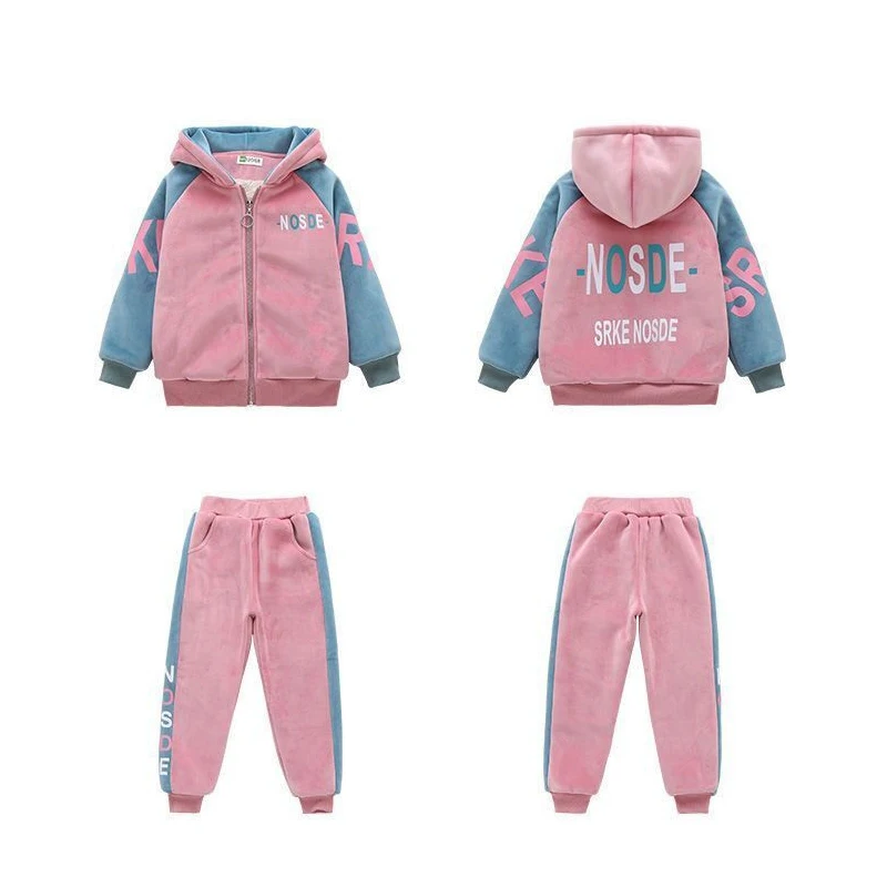 Girl Outfit Winter Toddler Girls Plus Velvet Hooded Cardigan Sweatshirt &Pants Students Sport Tracksuit Boutique Girls Clothes