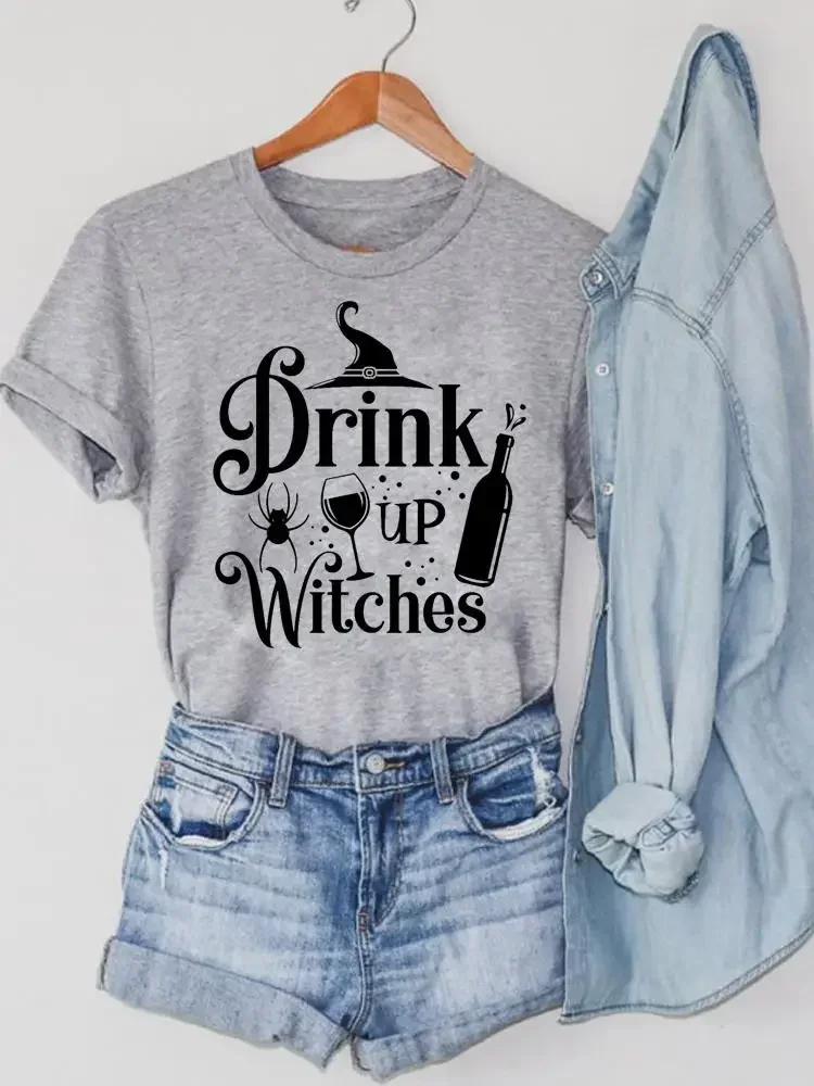 2024 Halloween Women T Shirt Fall Autumn O-neck Clothing Wine Witch Trend Cute Thanksgiving Print Top Lady Graphic Tee T-shirt