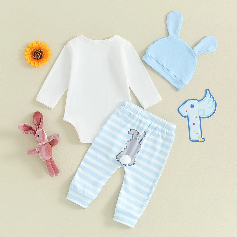 My 1st Easter Outfits Infant Baby Boys Girl Long Sleeve Romper Bunny Bodysuit Pants Hat with Plush tail 3Pcs