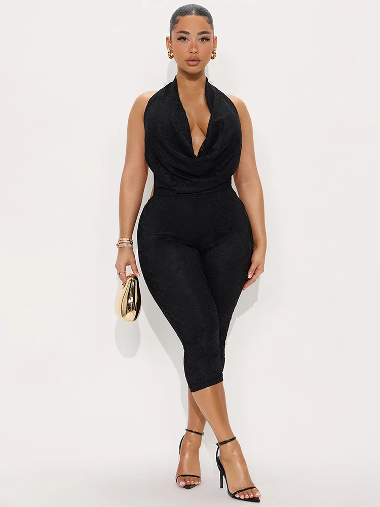 Macheda メッシュパッチワークロンパース女性ホルタースイング襟レースアップ背中の開いたミッドナイトセクシーなヒップスタークラブパーティークラシックロンパース