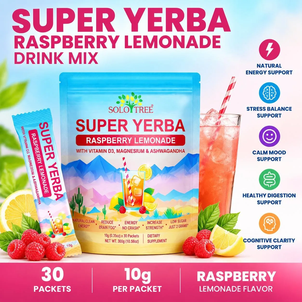 Super Yerba Raspberry Lemonade Powder Packets Maintain Gastrointestinal Health & Promote Emotional Stability Vegan 30 Packets