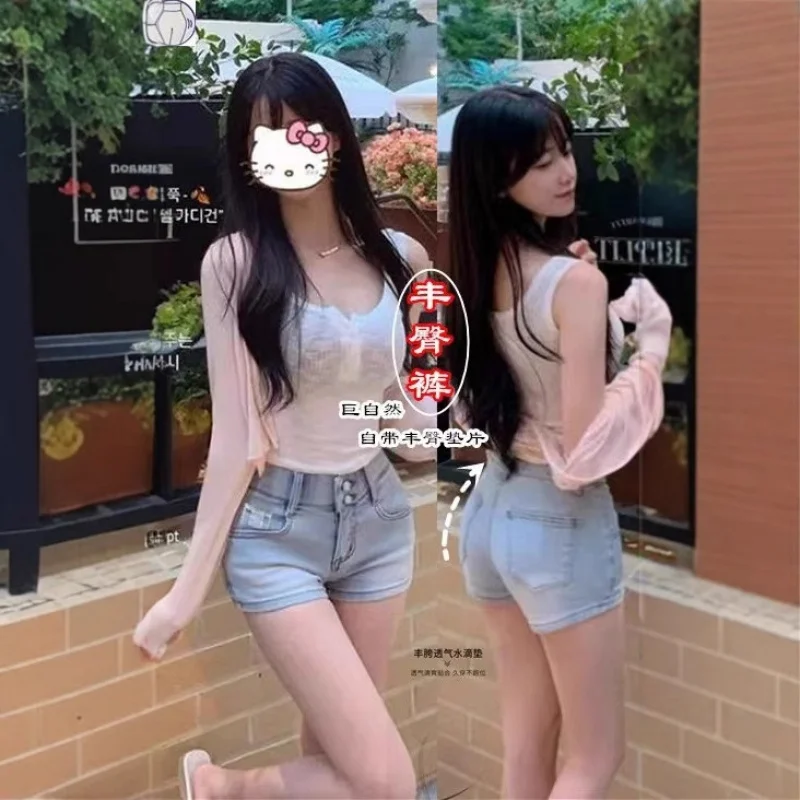 

Light blue double-button high-waisted slim-fit seamless tummy control butt-lifting denim shorts for women, spring/summer trendy