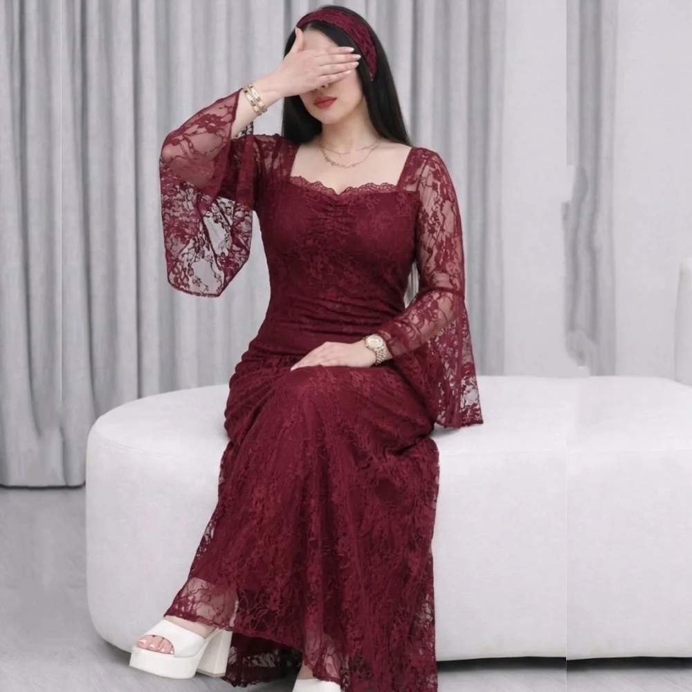 

Customized Classic Lace Square Neck Evening Gowns Pleat A-line High Quality Midi Dresses Elegant Party Gown Formal