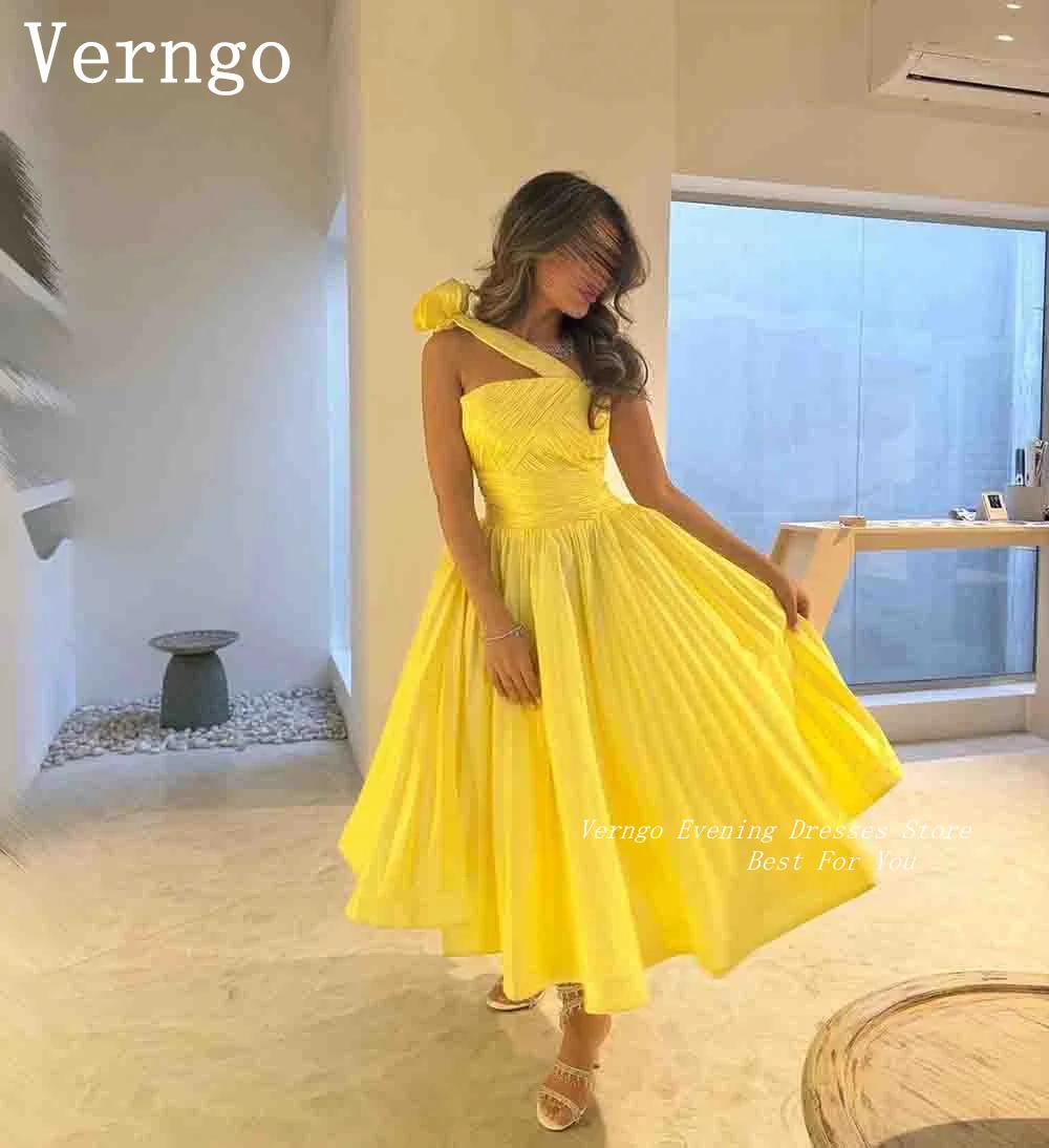 Verngo Bright Yellow Chiffon Evening Dress One Shoulder A Line Prom Gowns For Women Simple A Line Saudi Arabic Party Dress