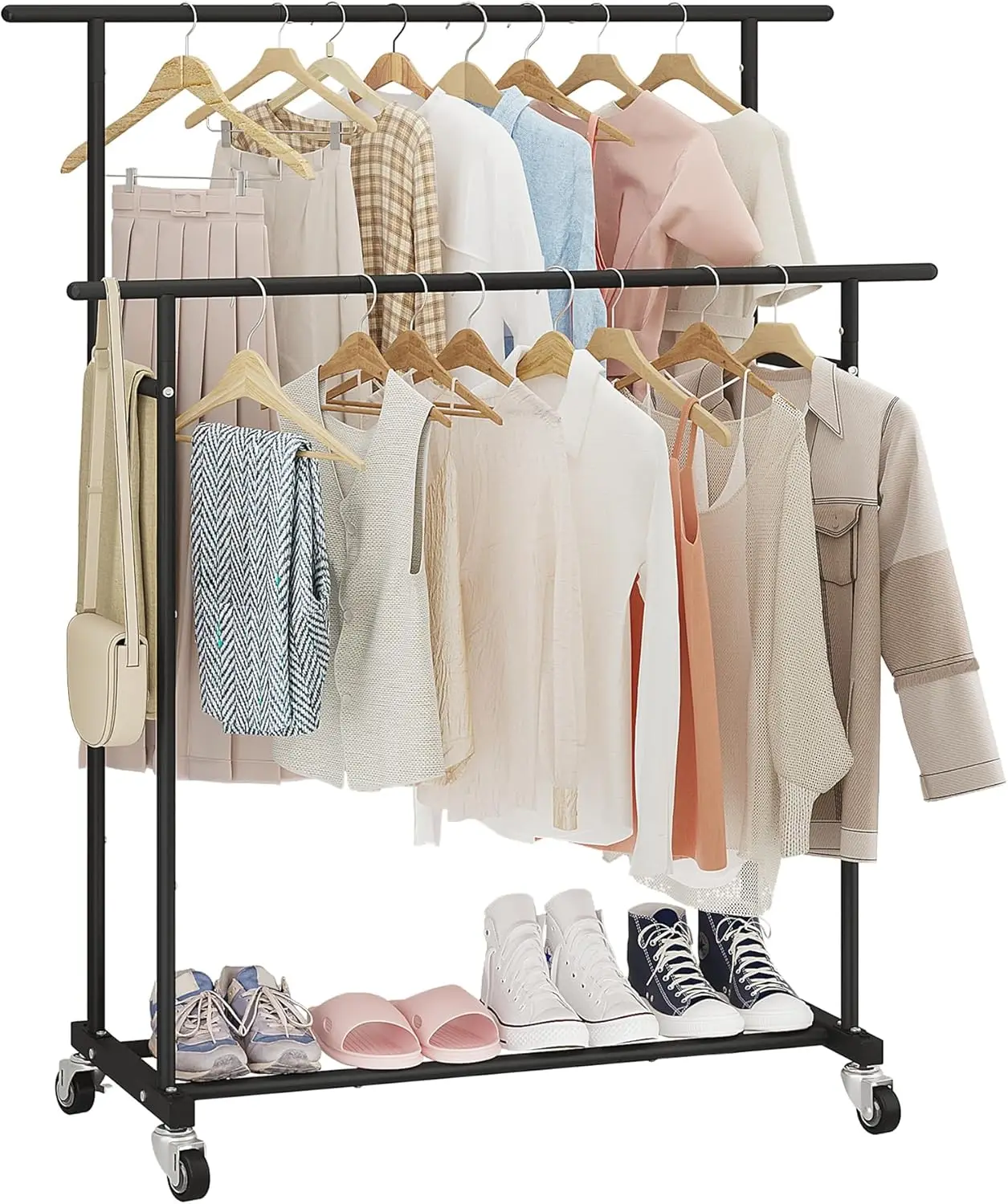 

Double Rod Clothing Garment Rack,Rolling Hanging Clothes Rack,Portable Clothes Organizer for Bedroom,Living Room,Clothing Sto