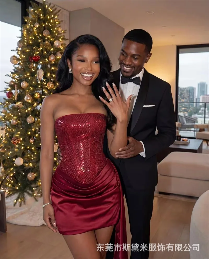 

Red & Brown Strapless Sequin Dress Satin Ruched Bodycon Mini Gown with Lace-up Back Club Party Evening Dress for Women In Stock