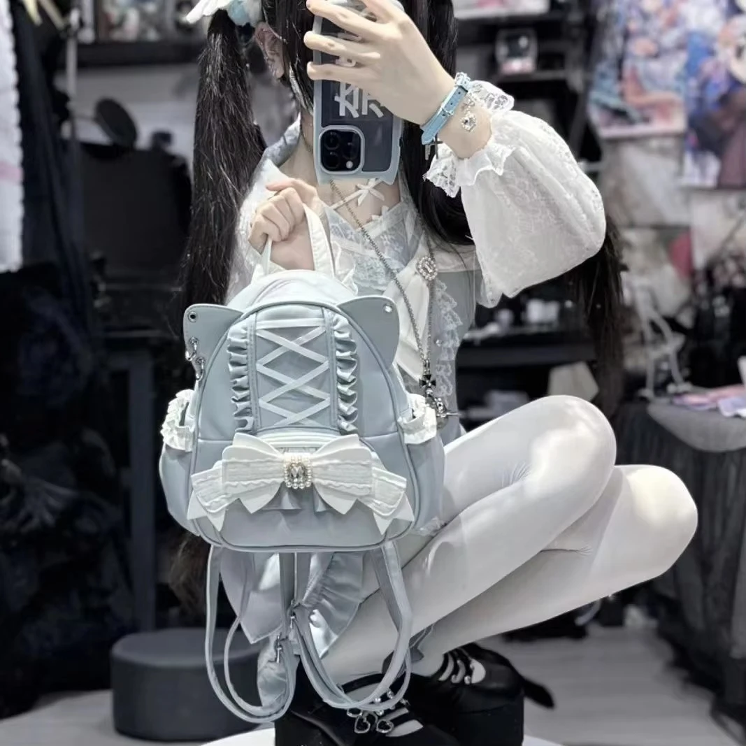 Милый японский кружевной рюкзак с кошачьими ушками и бантом, студенческий женский рюкзак в стиле Лолиты, черный, розовый, милая кожаная сумка на плечо, школьные сумки Mochilas Mujer