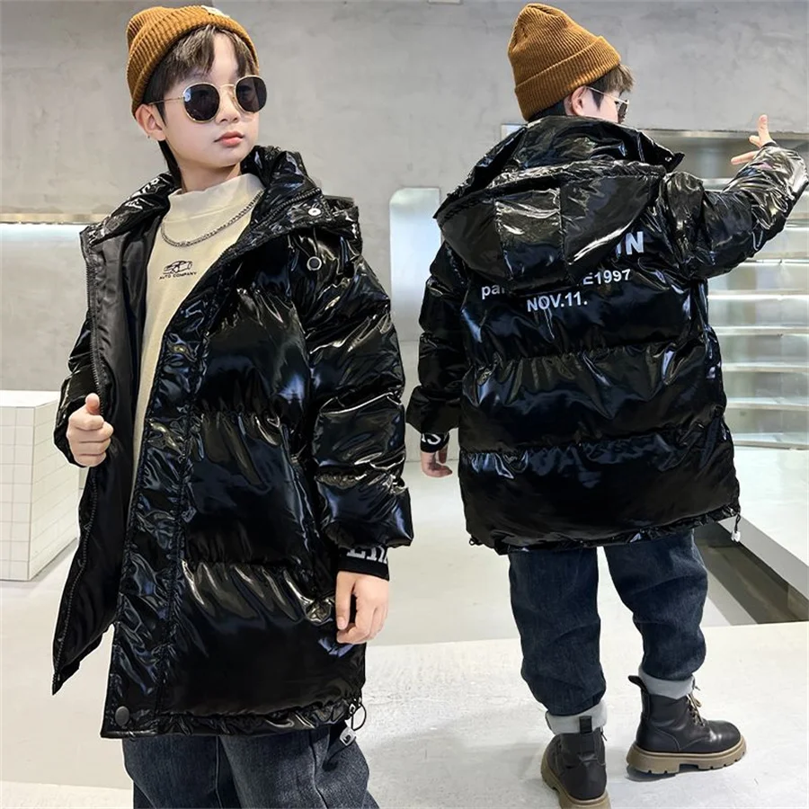 2023 Winter Boys Children\'s Down Jacket Mid-Length Version Hooded Double End Zipper Bright Surface Thicken Plush 5-14 Years Old
