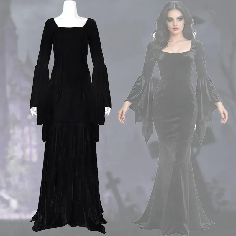 Filme Morticia Adams Primate Schwarzes Adams Family Kleid Retro Gothic Ausgestellte Ärmel Fishtail-Kleid Vestido