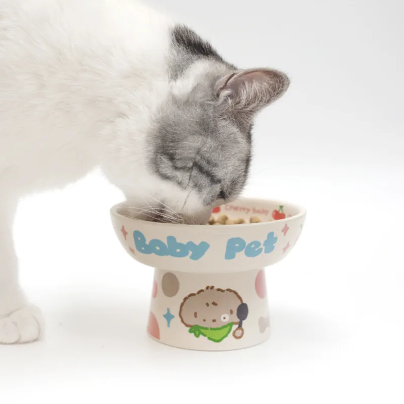 Ceramic Bowl 2024 New Children\'s Fun High Foot Pink Yellow Water Bowl for Neck Protection Cats and Dogs Cat and Dog Universal