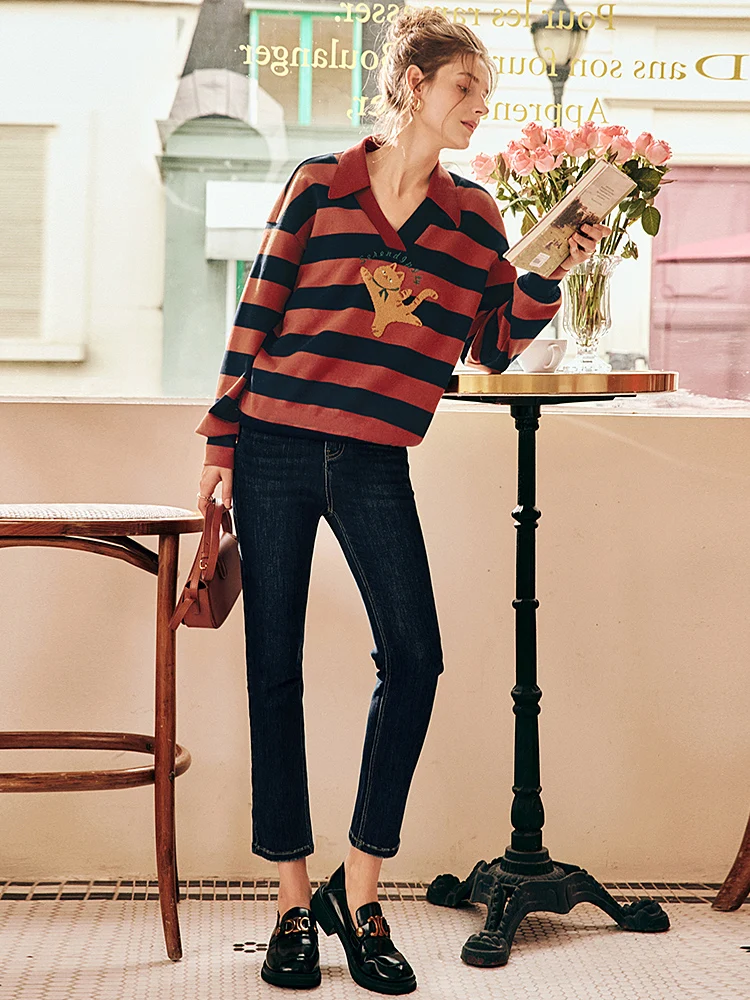 

OLrain French Long Sleeve Sweatshirt Women's Loose Striped Pullovers Autumn Winter 2025 New Lazy Vintage Knitted Tops O22QR65586