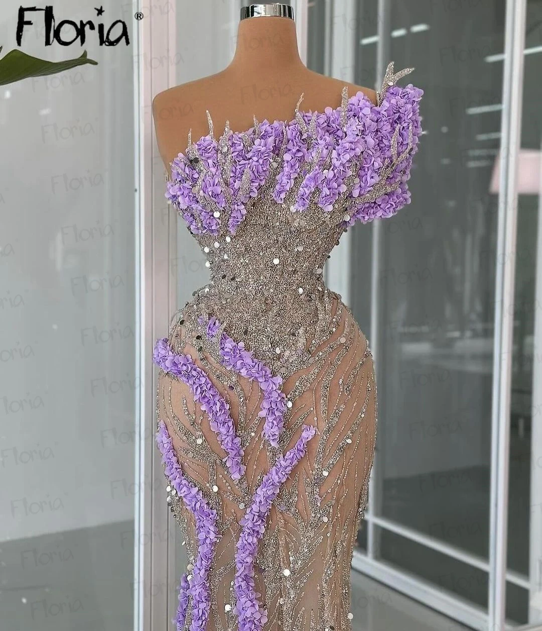 Floria Lavender Flowers Pageant Party Dress Arabic Luxury Nude Champagne Prom Dress Heavy Bead Mermaid Celebrity Gown Customized