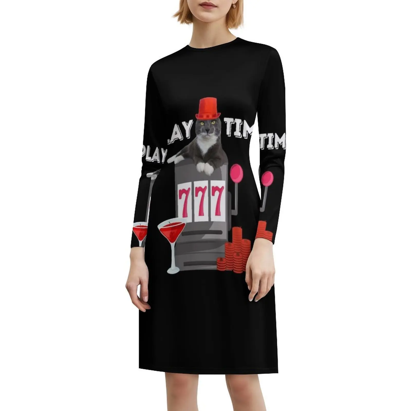 مضحك القمار القط فتحة الوقت الأزهار سموك فستان للنساء الربيع الصيف فستان كاجوال للحزب مضحك القط فتحة آلة كازينو #6