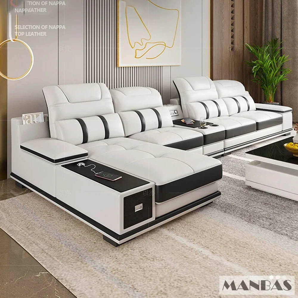 MANBAS-mn-Canapé en cuir véritable avec haut-parleur Bluetooth, USB, repose-pieds de sauna réglables, moderne, italien, salon