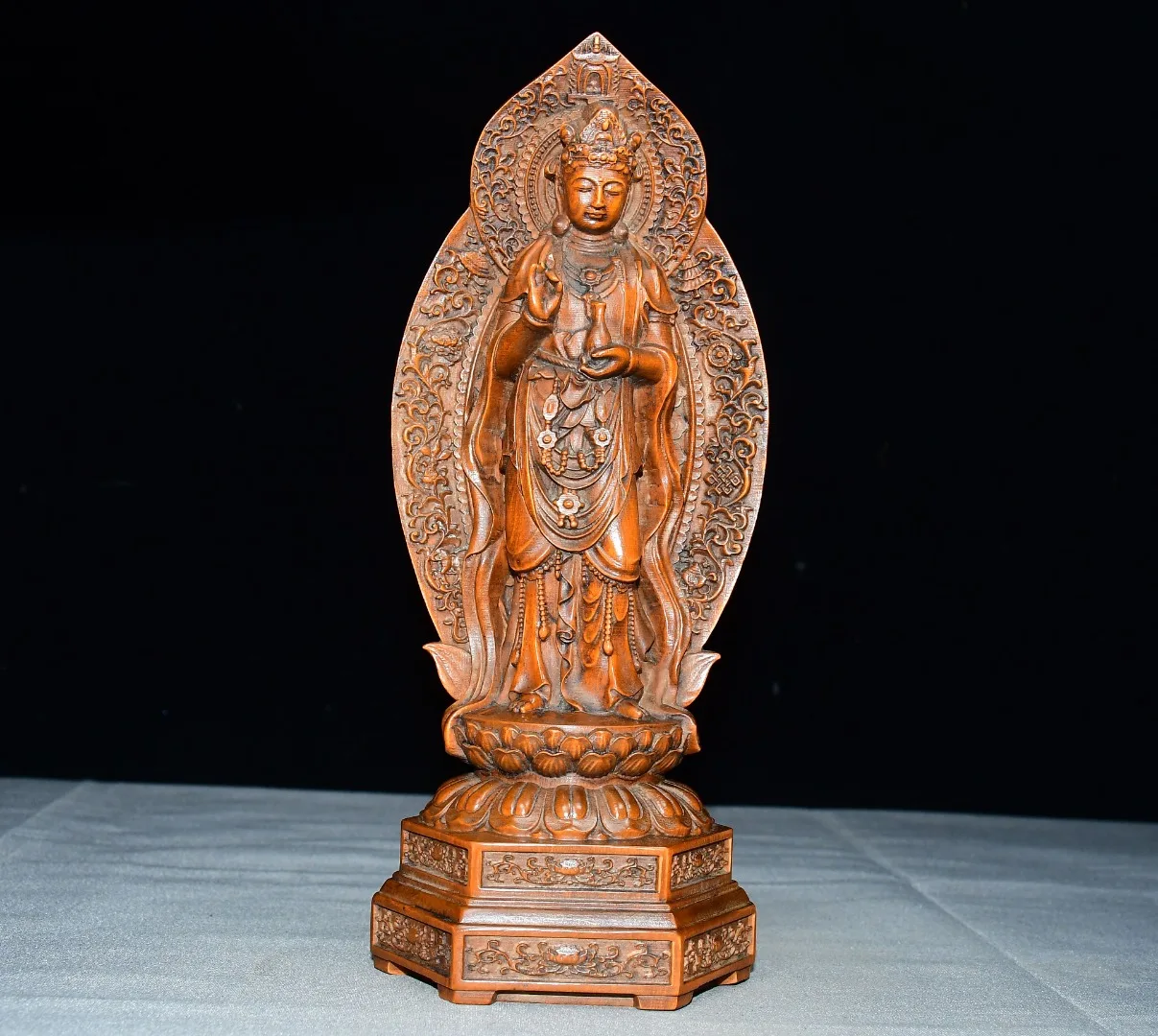 8"Old Boxwood Buddha Terrace Backlight clean bottle Guanyin Bodhisattva Standing Buddha Study screen Amass wealth Ornaments