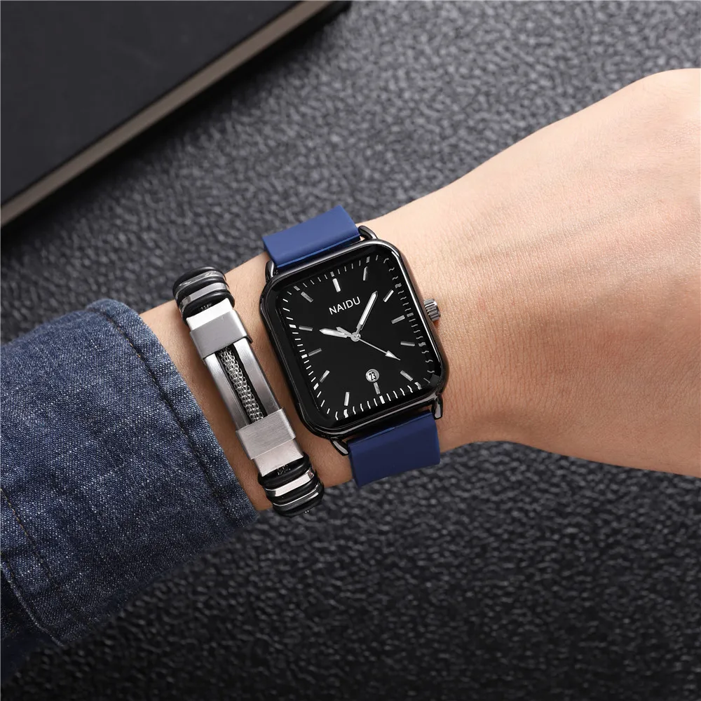 2pcs/set rectangle dial calendar quartz silicone band men watch