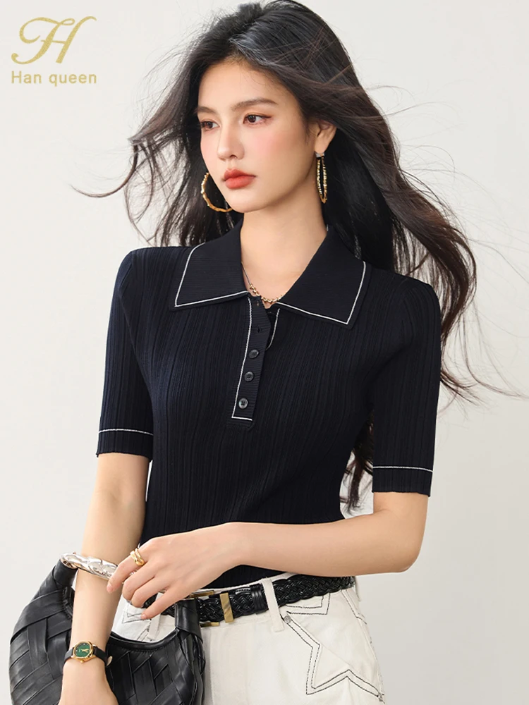 

H Han Queen New Sweater Korean Reviews Many Girls Clothes Tops Short Sleeve Vintage Casual Pullover Women's Clothing 2025 Summer