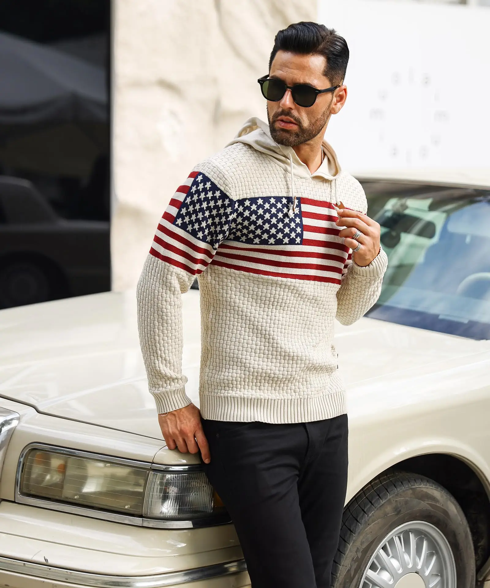 Slavinson Men's New in Hoodies Sweatshirt Long Sleeve American Flag Knitted Hoodies Pullover Sweater