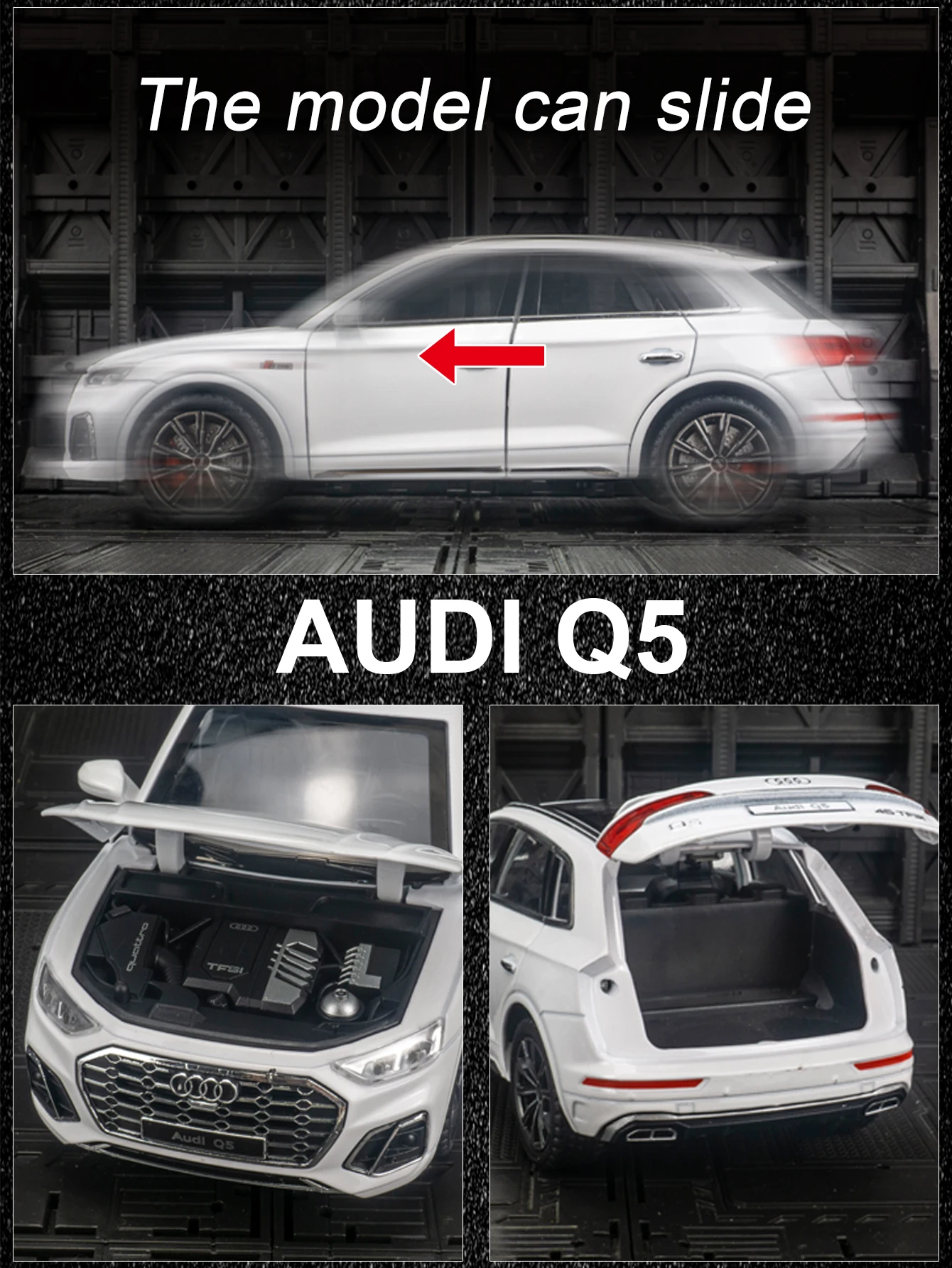 

Модель внедорожника Audi Q5 из сплава, масштаб 1:24, с открывающимися дверями, передним капотом и крышкой багажника.