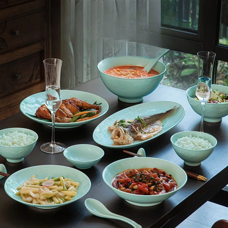 Jingdezhen high temperature ceramic tableware dishes set household underglaze color celadon dishes