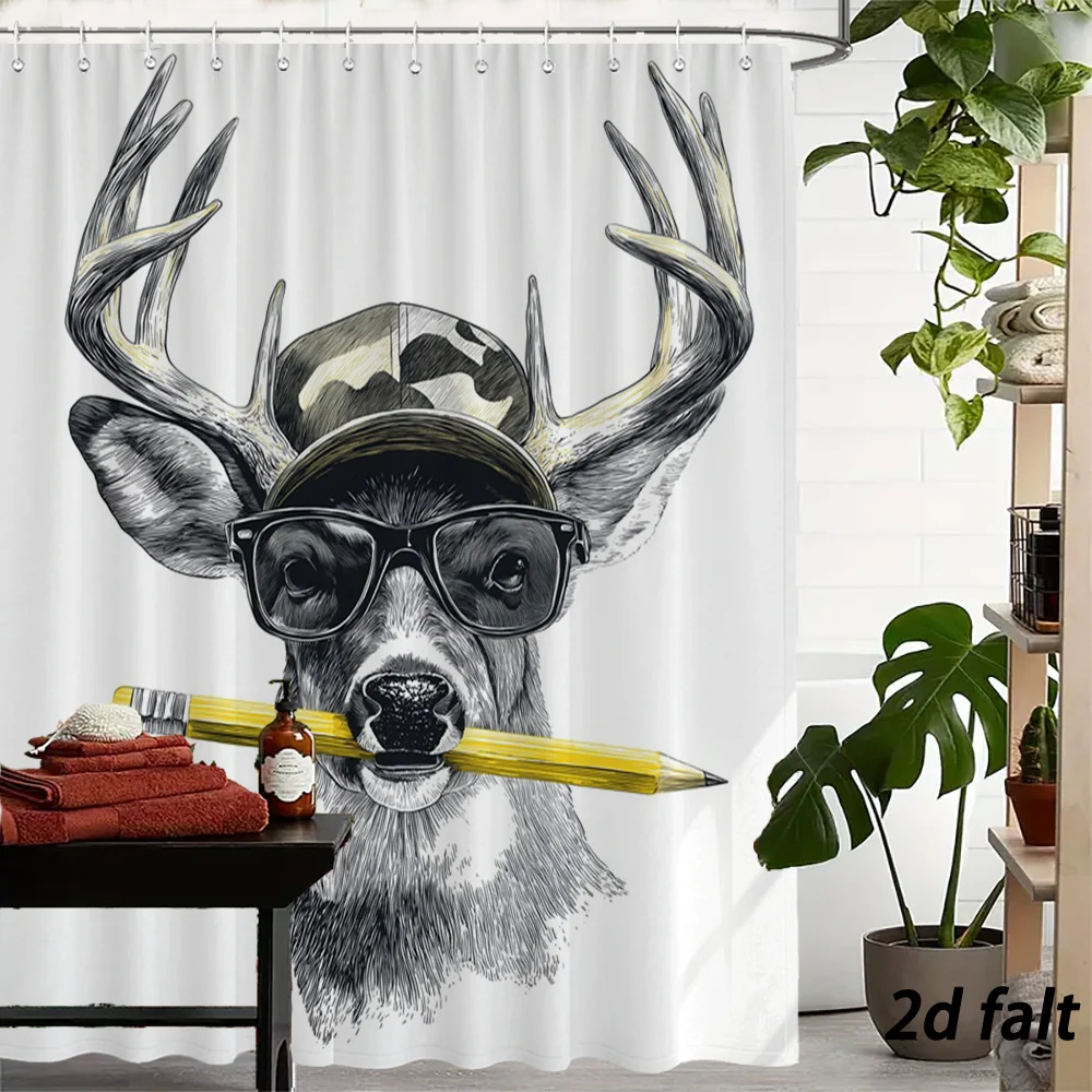 Funny Deer Head Illustration Shower Curtain with Sunglasses and Pencil Drawing Art for Bathroom Decor
