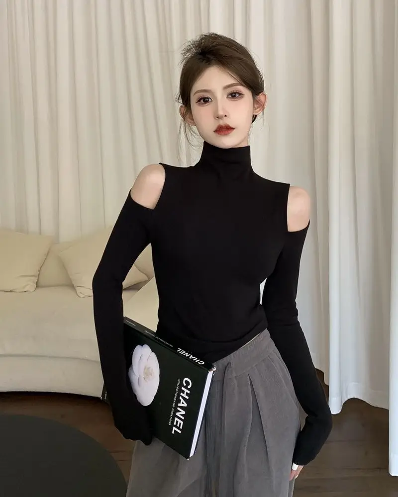 Soft Chic Off-the-shoulder Turtleneck Velvet Warm Women Shirt Autumn Spring Long-sleeved Halter Slim Cropped Tops Y2k Streetwear