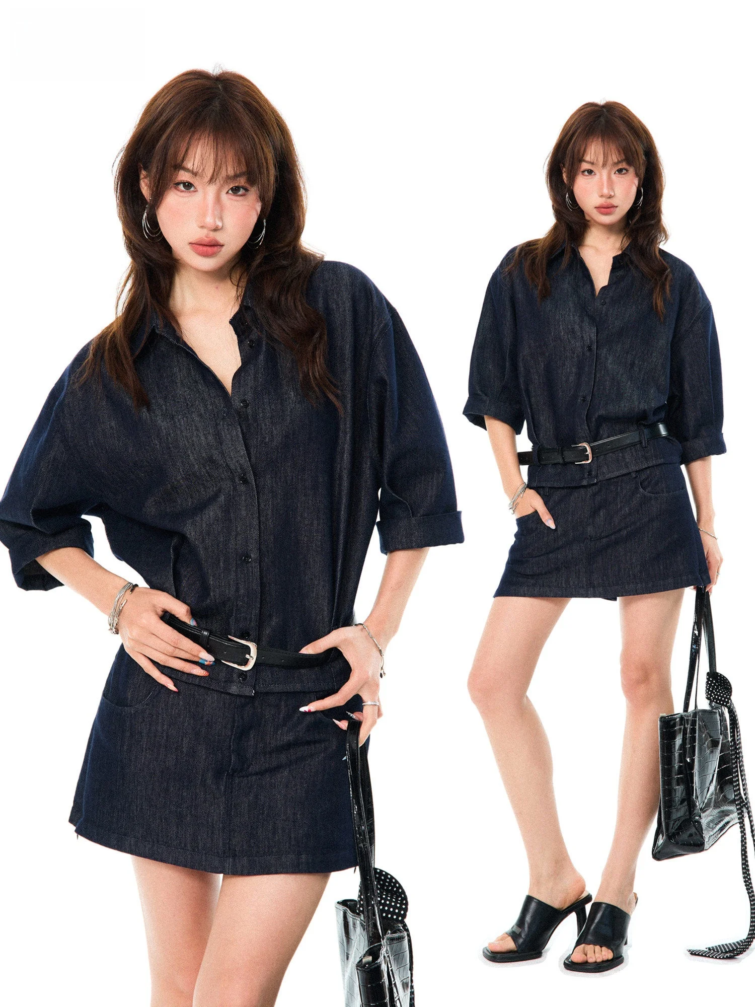 

Young Stage American Washed Denim Set Women Summer Belted Waist Shirt Casual Skirt Two-Piece Suit Loose Fit Four Seasons