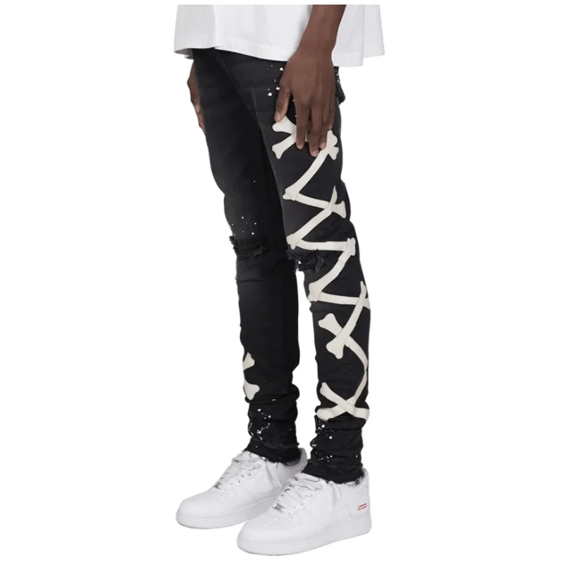 Fashion Slim Fit Ripped Men\'s Jeans Printed Y2k Skeleton Jeans Hip Hop Vintage Male Denim Trousers Elegant Trousers for Men Pant