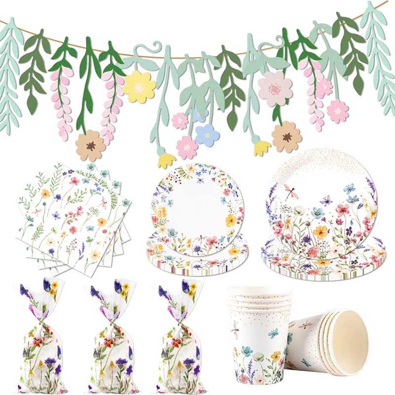 Frühling Wilde Blume Pappteller Tasse Serviette Banner Süßigkeiten Taschen Einweggeschirr Frühlingsthema Geburtstag Hochzeit Party Dekorationen