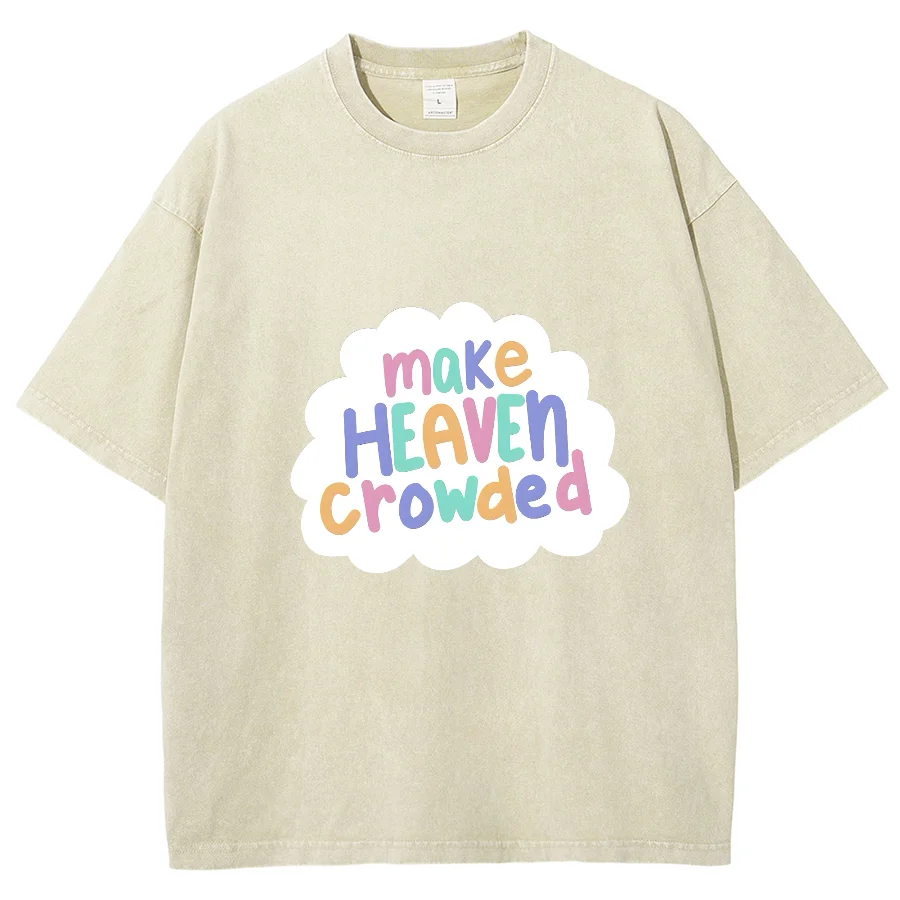 Make Heaven Crowded Washed Short Sleeves T-shirt, Printed Creative Casual Unisex Oversized Vintage Streetwear Fashion Plus-Size