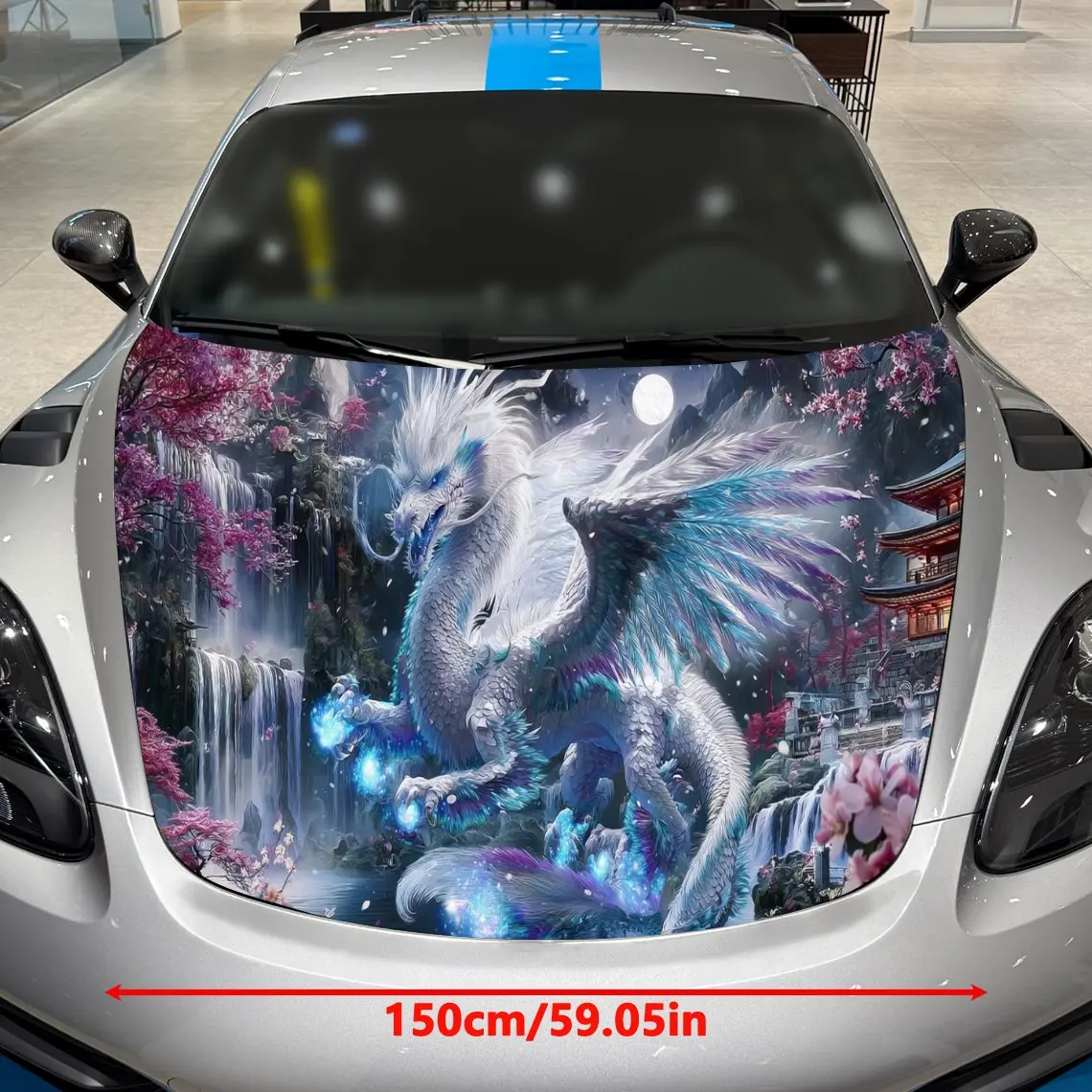 غلاف فينيل لسيارة التنين الإلهي باللون الأزرق من Cherry Blossom Ancient Building، ملصق غطاء السيارة المقاوم للماء من مادة PVC، ذاتية اللصق