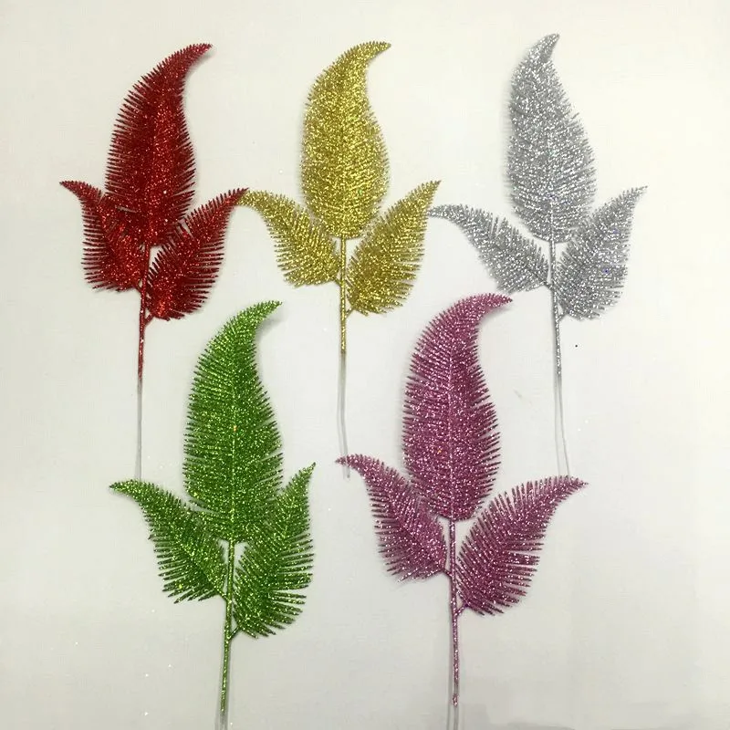 

20pcs 37cm Glitter Powder Horsetail Shape Leaf Branch Flower Arrangement For Christmas Party Tree Venun Hanging Decoration