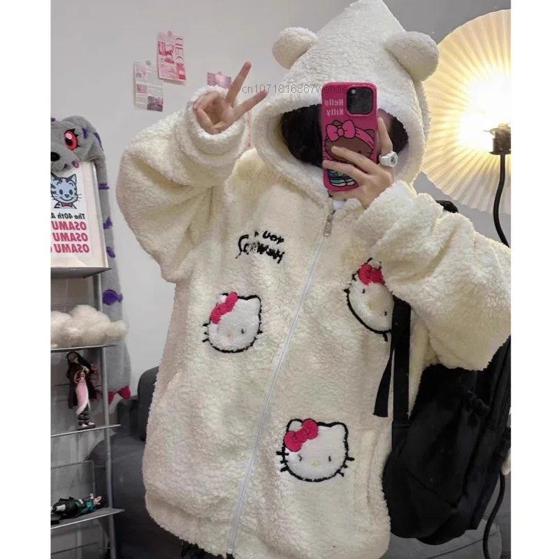 Sanrio Hello Kitty ricamato simpatico cartone animato cappotto con cappuccio giacca di velluto di agnello da donna cappotto di cotone sciolto