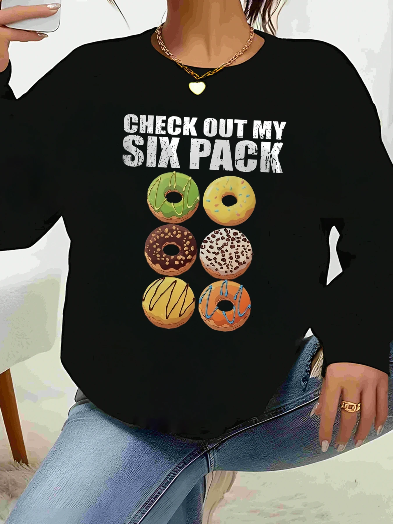 Donut Six Pack Camiseta de manga larga con estampado Halloween Ropa casual Mujer