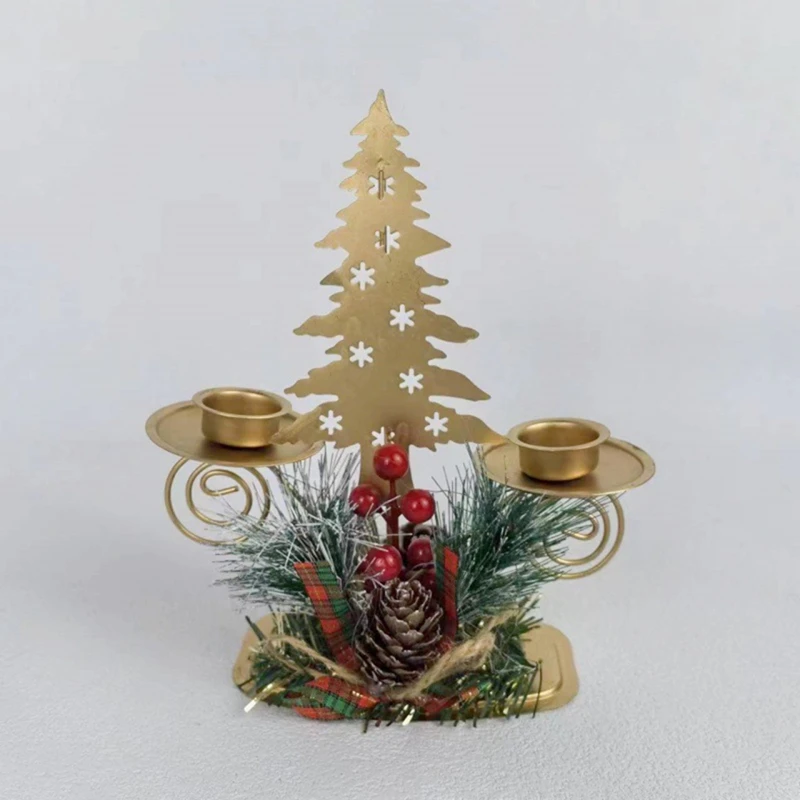 2PCS Gold Christmas Tree Pillar Candle Holder With Berry & Pine Nut Candle Holder For Holiday Desktop Decor Metal Decor