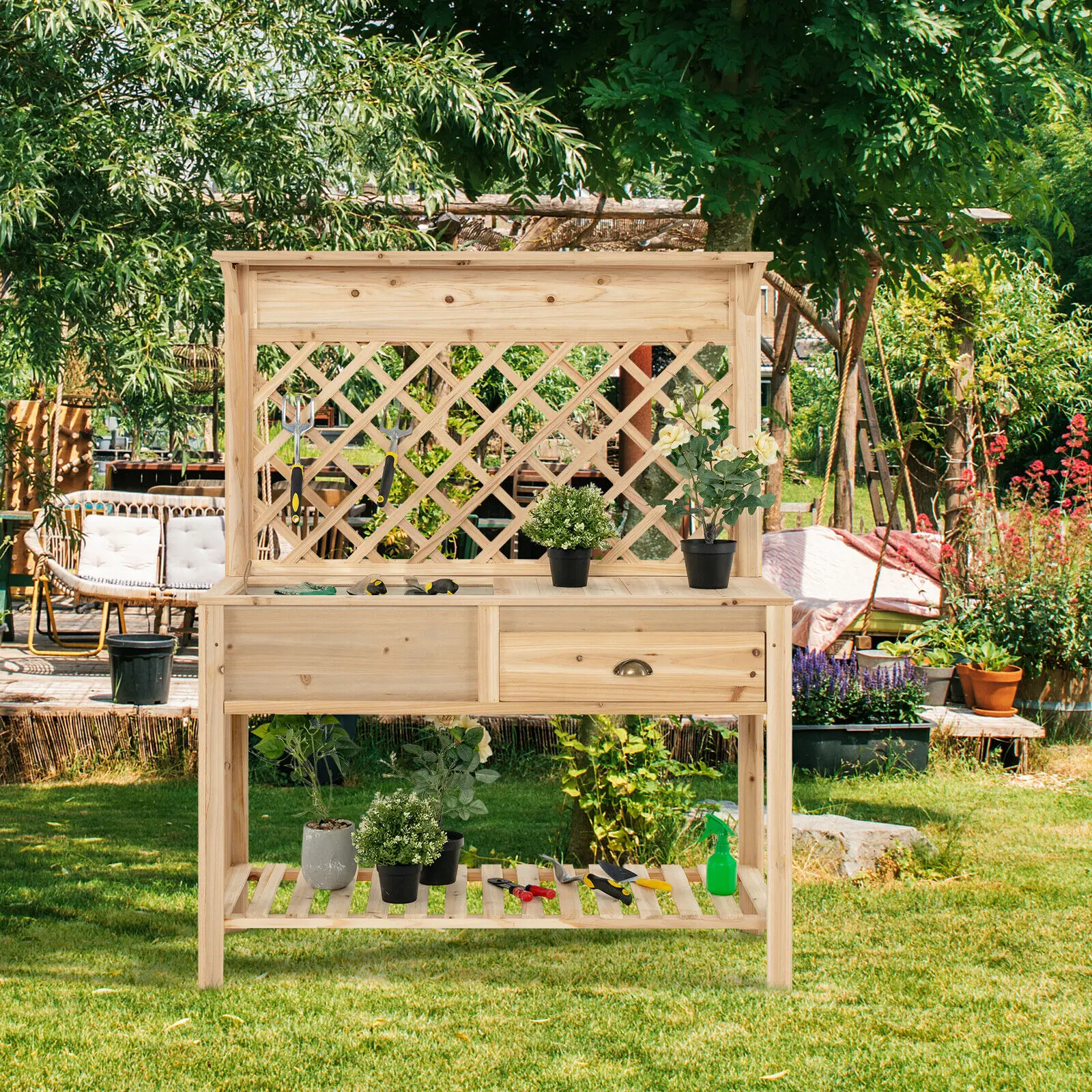 Costway Outdoor Garden Potting Bench Table Wooden Work Station w/Metal Top Open Shelf