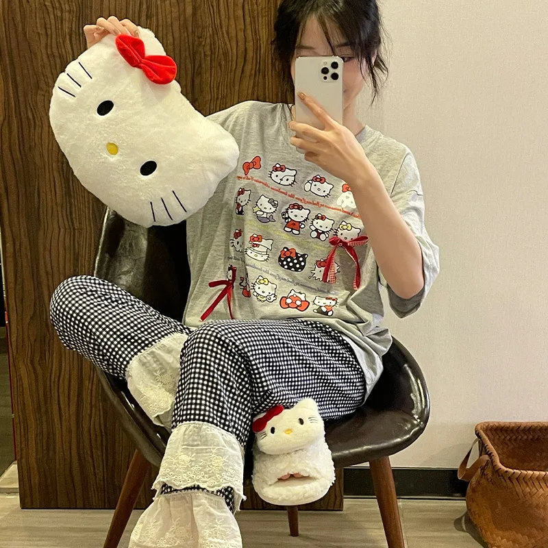 

Женская пижама Hello Kitty: милый домашний комплект из чистого хлопка с короткими рукавами и шортами для весны и лета