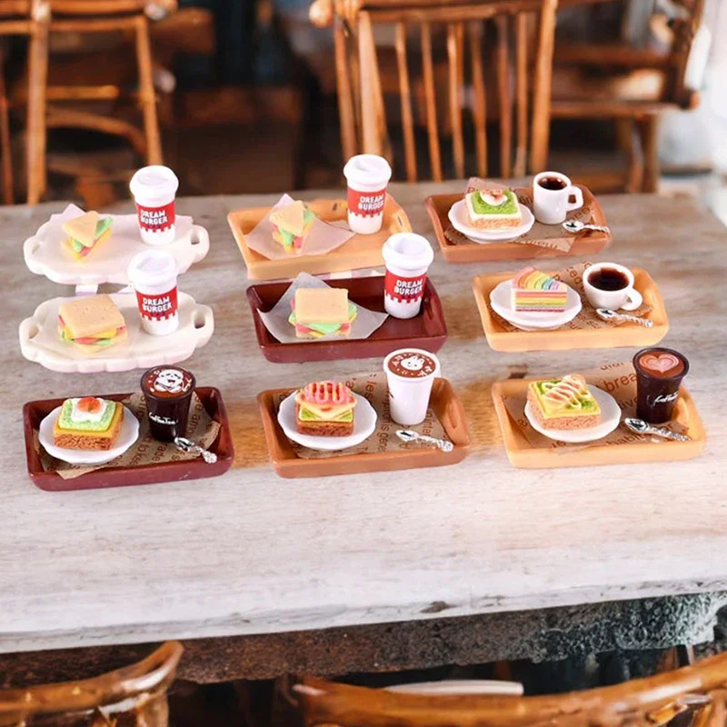 2set 1/6 Schaal Miniatuur Poppenhuis Simulatie Mini Melk Thee Taart Met Plaat Voor Kid Fantasiespel Speelgoed