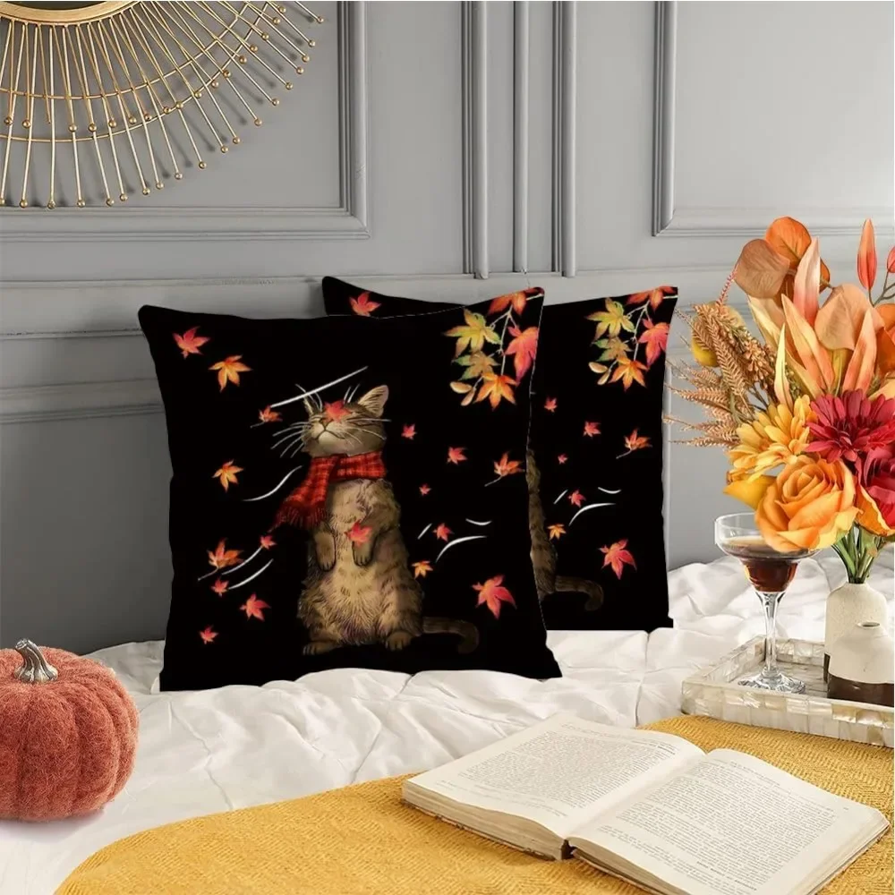 Cat Autumn Pillows Decorative Throw Pillows,Maple Leaf Cushion Covers,Farmhouse Thanksgiving Fall Decorations for Home Couch