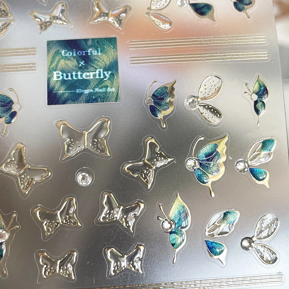 -VanGogh Butterfly- Nail Crystal Diamonds Sticker Gold Chubby Butterfly Jelly Decals Blue Green Shadow Wings Nail 5D Sticker 404