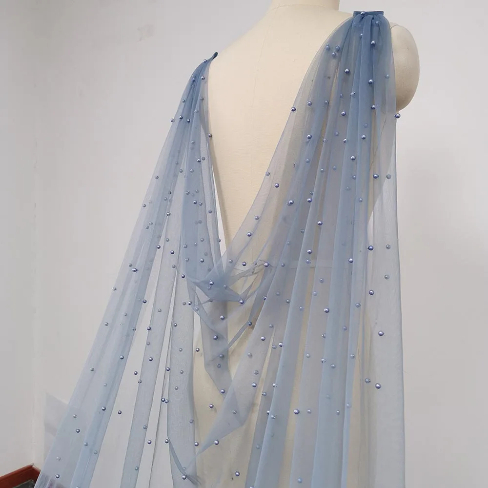 Customized Light Gray Blue Pearls Wedding Cape Romantic 3 Meters Long Shoulder Veil with Pins Bridal Bolero Wedding Accessories