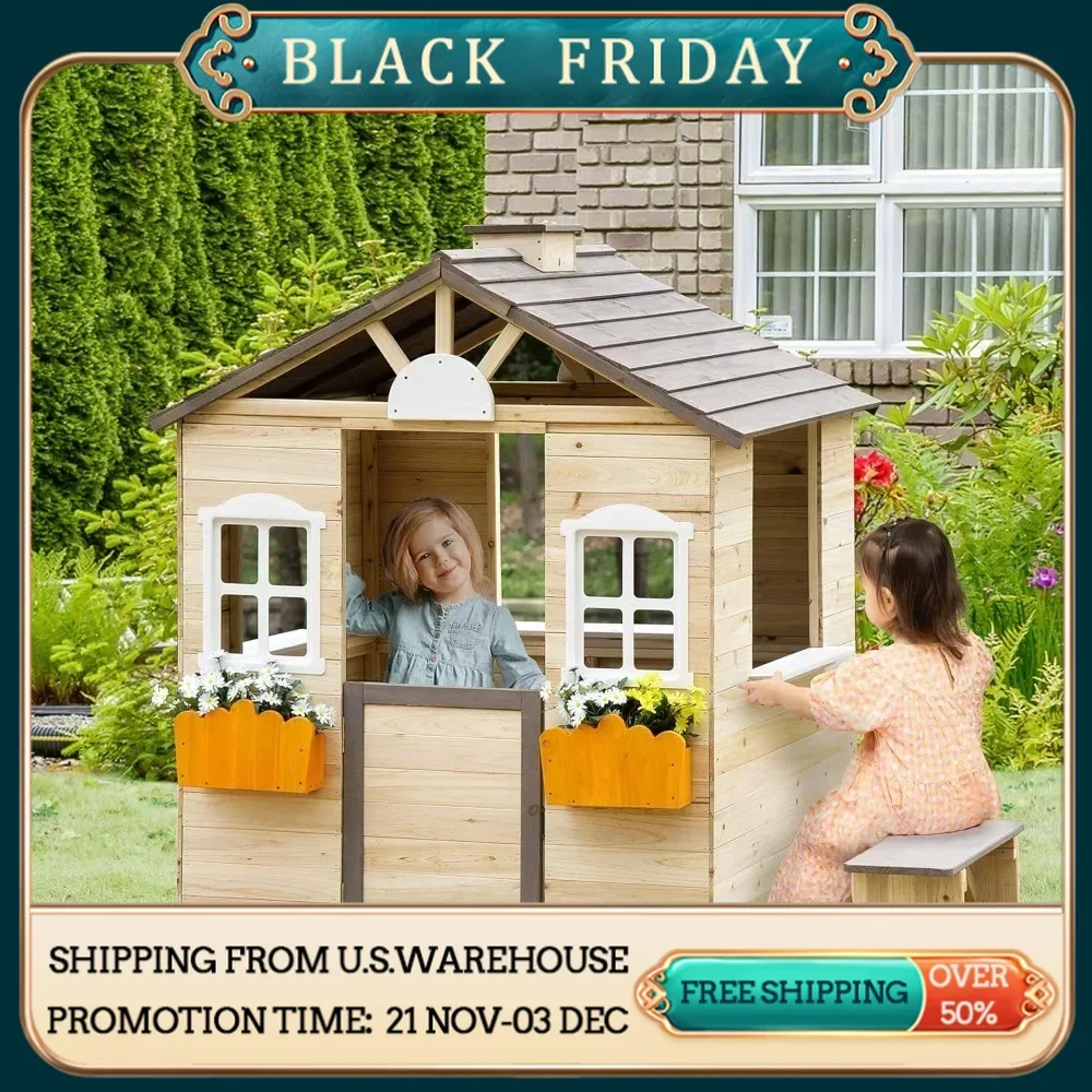 Playhouses, Wooden Playhouse for Kids Outdoor Garden Pretend Play Games, Adventures Cottage, with Working Door, Windows, Bench