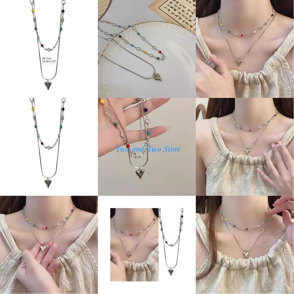 

HX6F Double Layered Clavicle Chain Necklace Sweet Cool Heart Pendant Choker Neck Chains Layering Beaded Necklaces for Women
