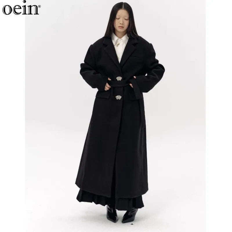 [oein] New Chinese Style Metal Bamboo Fan Window Buckle Black Men's And Women's Long Woolen Coat Autumn/Winter